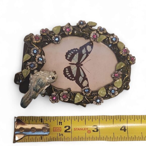 Vintage Enameled & Jeweled Picture Frame, 4"H, Flowers & Blue Bird – Butterfly - Picture 8 of 8
